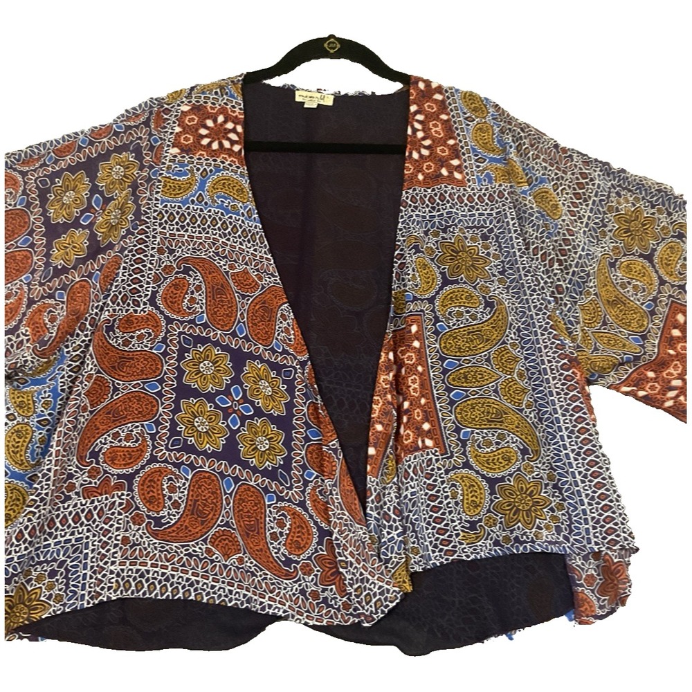 One World Y2K Fall Colored Paisley Boho Witchy Wide Sleeve Tunic Wrap Top L